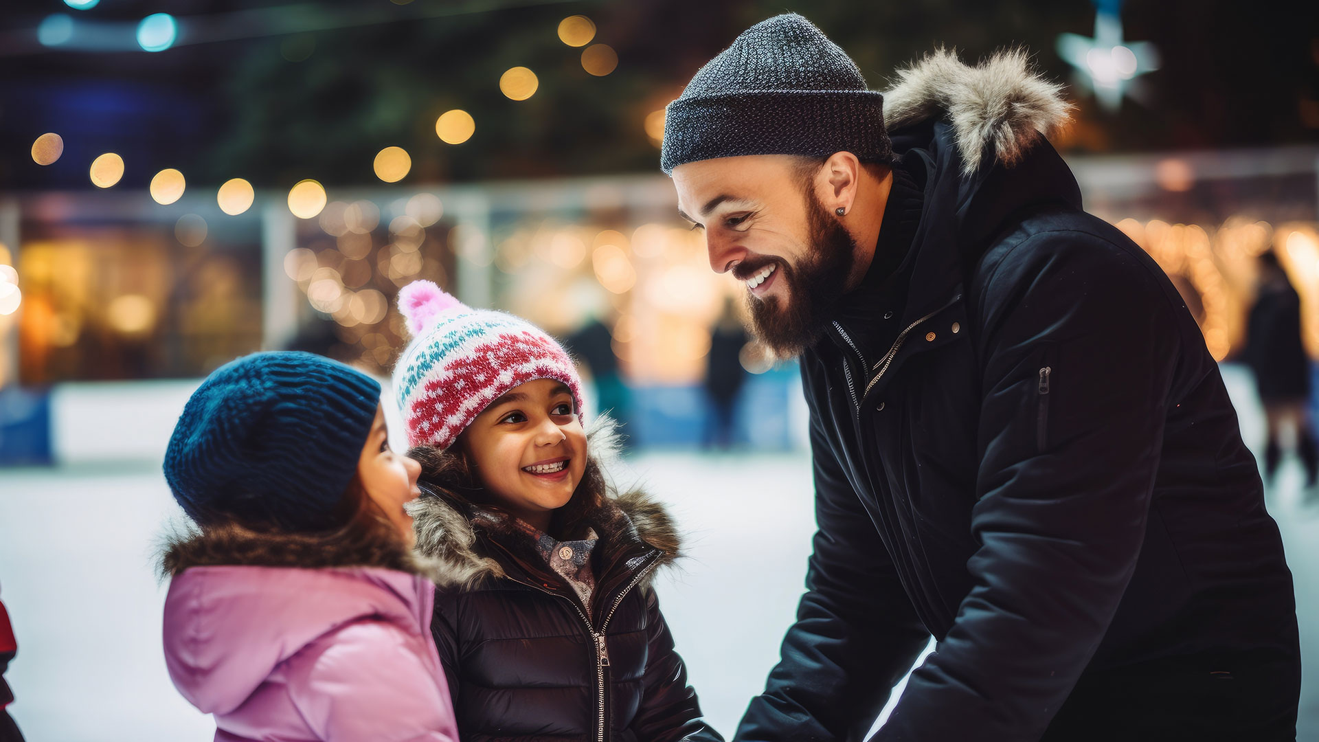 Ein Mann steht mit zwei Kindern auf einem Weihnachtsmarkt.