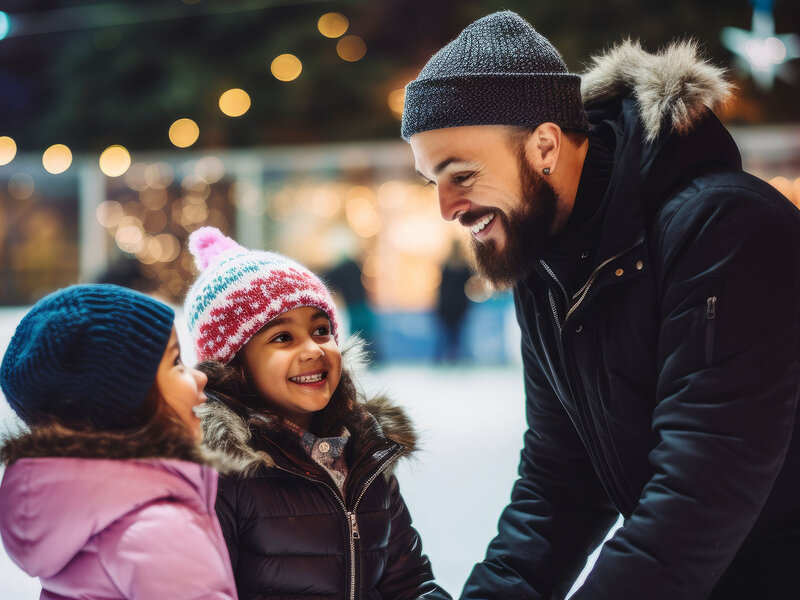 Ein Mann steht mit zwei Kindern auf einem Weihnachtsmarkt.